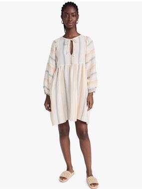 Sundry Cream Gauzy Blouson Dress with Subtle Pastel Stripes